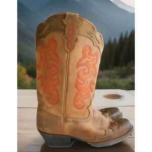 Women's Size 11 B Justin Boots SVL7310 XJ1308 Cowboy Inlay Orange Tan Weste Stit